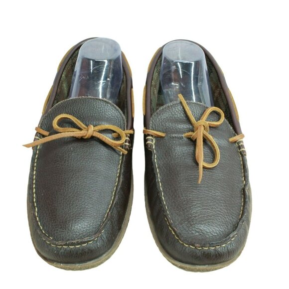 LL Bean Brown Leather Flannel Lined Handsewn Moccasin Slippers Size 13 M - Picture 5 of 9